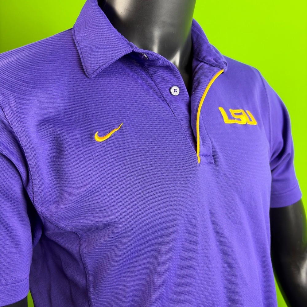 LSU NIKE Performance Polo Mens M Tigers Purple/Gold FIT-DRY Logo Shirt R0680